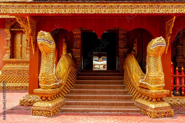 Obraz Naga Stairs, Wat Phiphat Mongkhon, a tourist attraction in Sukhothai, a beautiful temple, outstanding architecture in Thung Saliam and a very famous temple in Thailand.