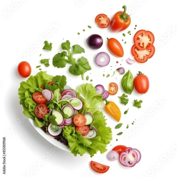 Fototapeta A fresh salad with various vegetables including lettuce, tomatoes, bell peppers, onions, and herbs