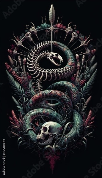 Fototapeta Dark academia poster. Snake Skeleton with Botanical Elements