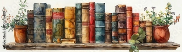 Fototapeta Vintage bookshelf with colorful old books and lush green plants in ceramic pots, creating a warm and inviting aesthetic, watercolor concept art