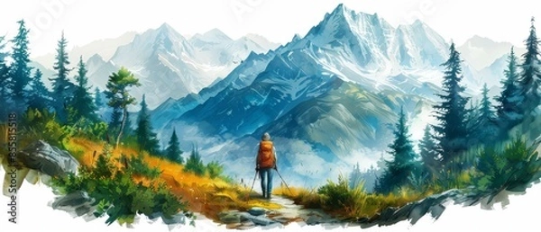 Fototapeta A hiker with a backpack stands before a stunning mountain range, surrounded by trees and vibrant landscape, embracing the beauty of nature, watercolor concept art