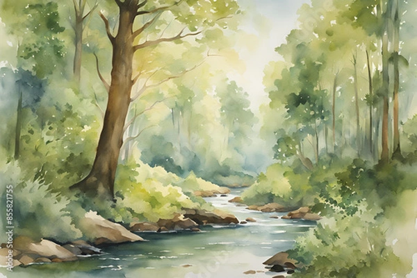 Fototapeta Tranquil Forest Stream, Watercolor Landscape with Sunlit Trees and River
