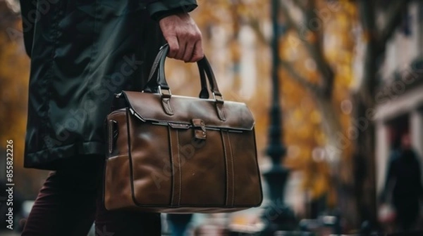 Fototapeta Walking, city and business person with bag for career, job and professional work in urban town. Morning commute, travel and closeup of legs of worker with luggage for journey to office building