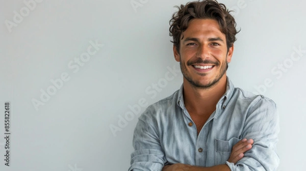 Fototapeta Handsome man exudes confidence with a friendly smile and positive attitude, dressed casually in self-assured pose on white background.