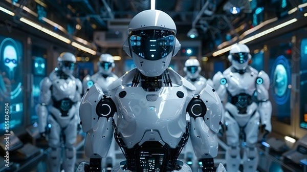 Fototapeta Futuristic Research Lab with Advanced Systems and Robotic Assistants