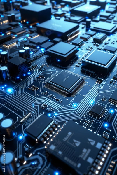 Fototapeta Intricate computer chips on sleek surface with soft blue and white lights, embodying cutting-edge technology.