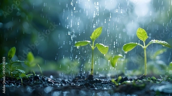 Fototapeta Fresh Green Shoots Nourished by Gentle Spring Rain Symbolic of New Beginnings and Renewal