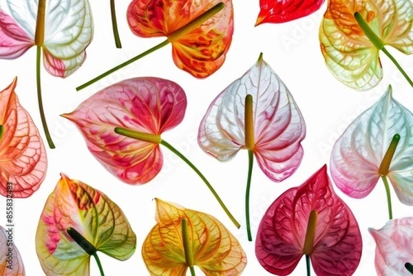 Fototapeta A stunning illustration of anthurium flowers, highlighting their unique heart-shaped petals and vibrant colors. Perfect for nature lovers and botany enthusiasts.