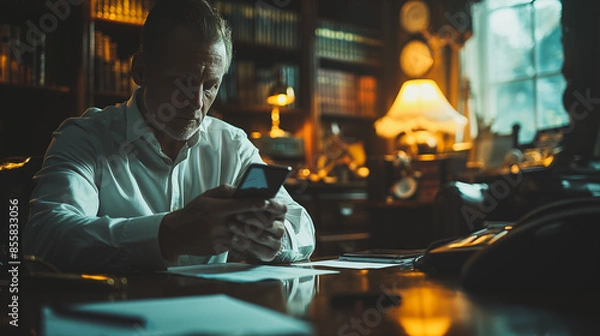 Fototapeta Businessman using a mobile phone for online work at his office table.