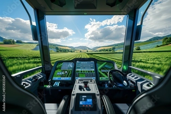Fototapeta Modern tractor cockpit showcasing advanced technology overlooking lush green fields under a bright blue sky.