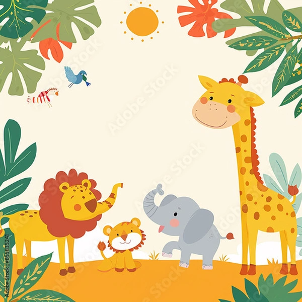 Fototapeta A colorful, playful safari-themed birthday invitation made with generative AI