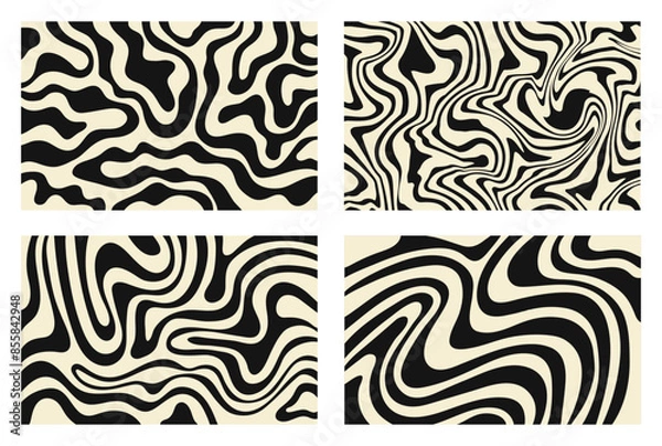 Fototapeta Set of abstract horizontal background with black and beige waves. Trendy vector illustration in style retro 60s, 70s. 	