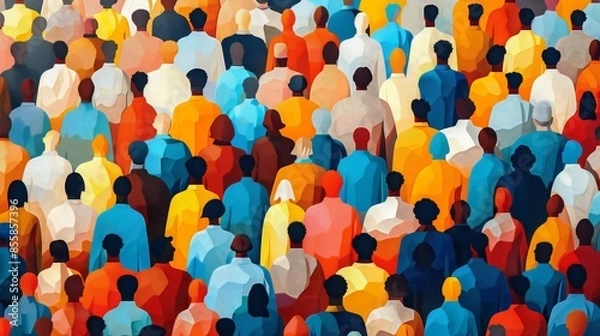 Fototapeta Vibrant mosaic crowd of people, global unity celebrating humanity's diverse spectrum, paper cut out style
