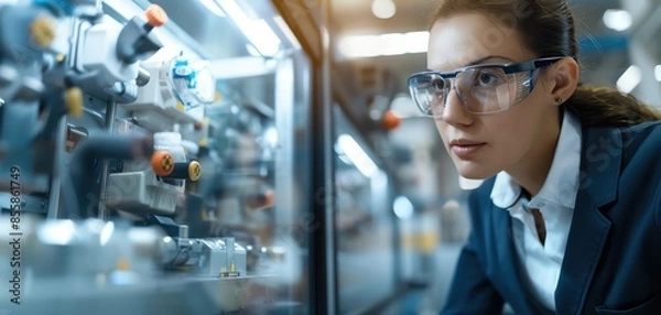 Fototapeta Female engineer wearing protective eyewear inspects machinery in an industrial setting, demonstrating focus and expertise in the field.