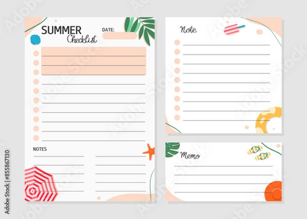 Obraz Template of Summer Checklist, note, memo with Cartoon illustrations of Beach Accessories. Set of paper sheets. Design for planner, checklist, notebook, card and other stationery. Layout in A5.