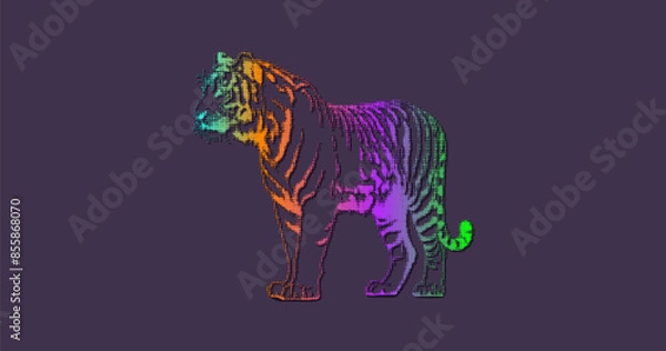 Fototapeta Vector iridescent halftone texture powerful tiger. Wild animal of jungle. Zoo. Dark isolated background.