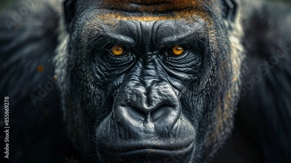 Fototapeta portrait of an adult male gorilla looking at the camera, close-up of the monkey's head, gorilla's stern eyes