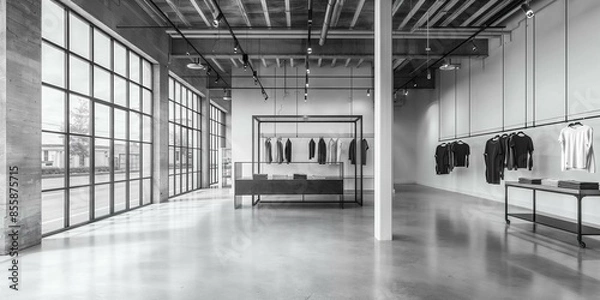 Obraz Black and white render of an industrial-style empty store interior with concrete floors, large windows, and high ceilings