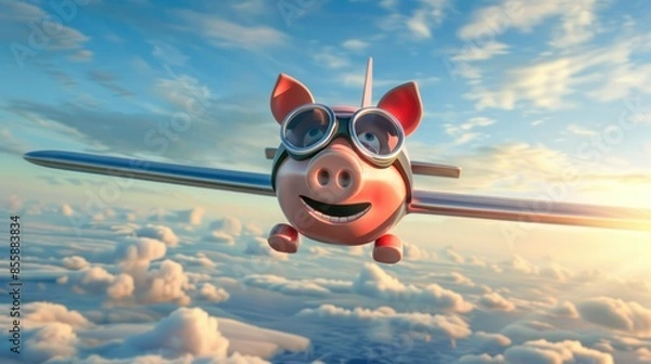 Fototapeta Piggy bank with pilot glasses flying a plane on blue sky background 3D Rendering, 3D Illustration wide angle lens