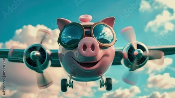 Fototapeta Piggy bank with pilot glasses flying a plane on blue sky background 3D Rendering, 3D Illustration wide angle lens