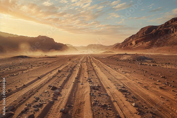 Obraz Safari and travel to Africa, extreme adventures or science expedition in a stone desert. Sahara desert at sunrise, mountain landscape with dust on skyline, hills and traces of the off-road car

