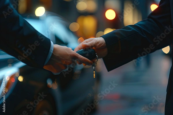 Obraz Close-up Of Valet's Hand Giving Car Key To Businessperson
