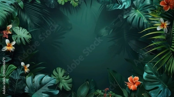 Obraz Lush tropical floral leaves in deep green background, copy space, empty space for text