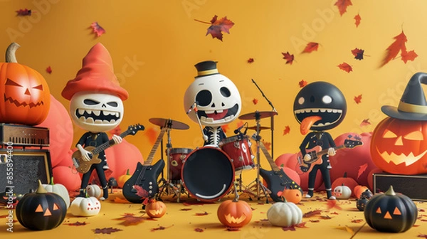 Fototapeta A group of skeleton figurines are posed in front of pumpkins