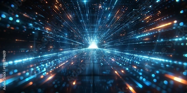 Obraz Abstract, futuristic background with blue glowing light rays and a grid pattern, perfect for tech and digital themes.