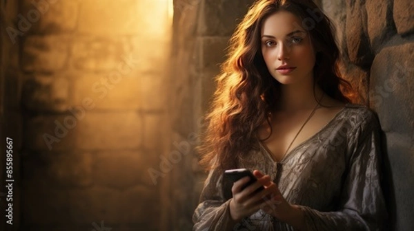 Fototapeta A gorgeous young woman snapping a selfie with ancient walls in the background
