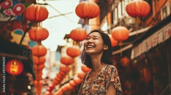 Fototapeta Cheerful Asian woman enjoying a walk through the bustling Chinatown district in central Bangkok. Plenty of Copy Space.