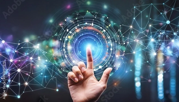 Fototapeta Molecules images, A man is touching atomic particles with his hands, images of molecules and atoms, Digital atom particles structure. 