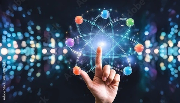 Fototapeta Molecules images, A man is touching atomic particles with his hands, images of molecules and atoms, Digital atom particles structure. 