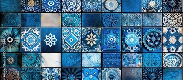 Fototapeta Blue ceramic tile wall texture with ornament, kaleidoscope and mandala design concept background are used for business, wallpaper, invitation, template, product decoration and others