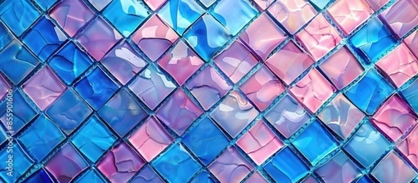 Fototapeta Blue and magenta background colored mosaic. Texture tiles for bathroom. Copy space image. Place for adding text and design