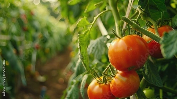 Fototapeta Organic tomatoes on stem at local farm with copy space