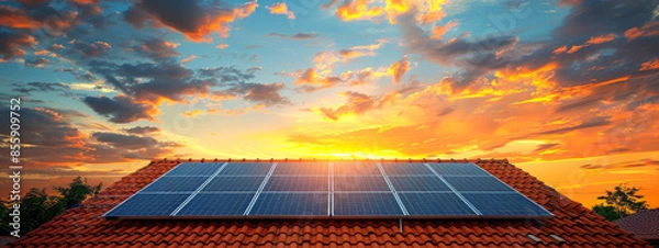 Obraz Solar panels on a house roof during a vibrant sunset with colorful clouds in the sky
