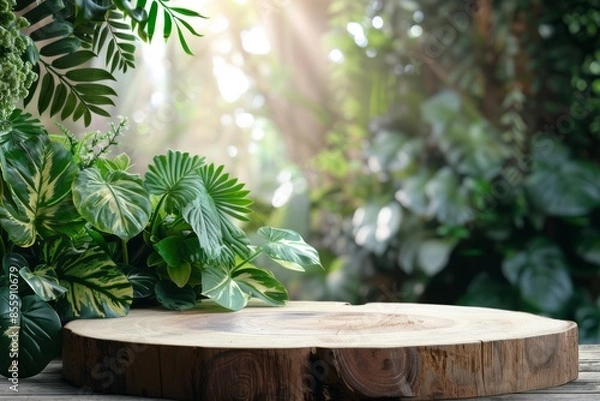 Fototapeta Natural wooden pedestal set against a lush green backdrop, perfect for product displays. Sunlight filters through the leaves, creating a serene, organic atmosphere