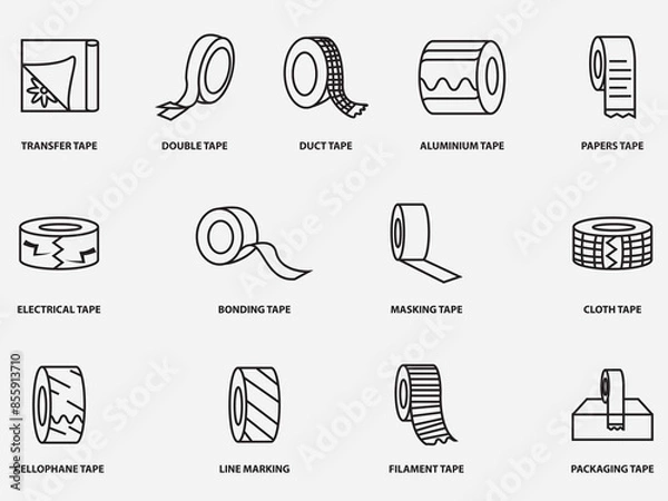 Fototapeta type of adhesive tape outline vector icon collection .difference tape material pictogram isolated on white background