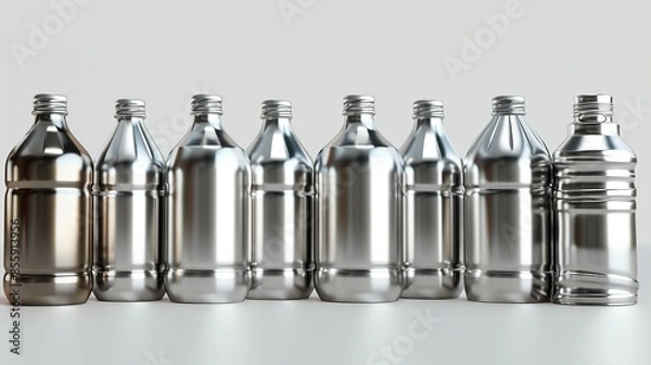 Fototapeta 3D image of metal bottles in white background.