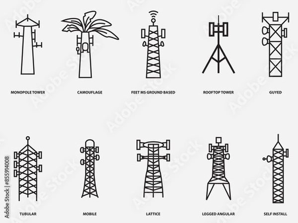 Fototapeta type of telecommuncation tower outline icon collection.telecom mobile pictogram vector symbol isolated on white background 