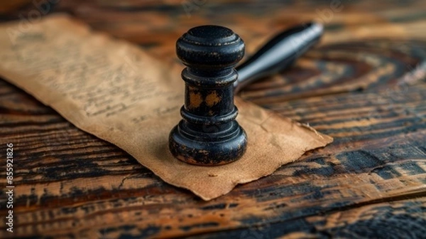 Fototapeta A wooden gavel rests on an old, parchment scroll on a rustic wooden table.  The gavel symbolizes justice, law, and authority.