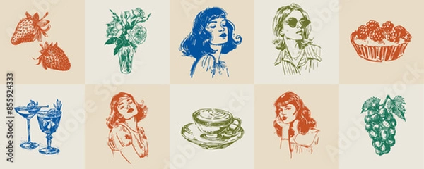Obraz A minimalist collection of hand-drawn vector illustrations of food and beverage girls. Great for social media, posters, postcards, web design.eps