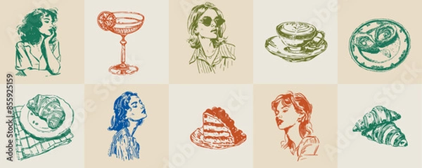 Fototapeta A minimalist collection of hand-drawn vector illustrations of food and beverage girls. Great for social media, posters, postcards, web design-4.eps