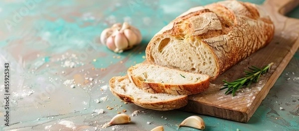 Fototapeta fresh bread and garlic on a cutting board closeup on a pastel background. Copy space image. Place for adding text and design