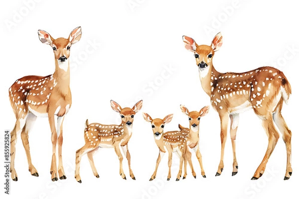 Fototapeta Watercolor painting realistic Set baby deers and mama doe on white background. Clipping path included.