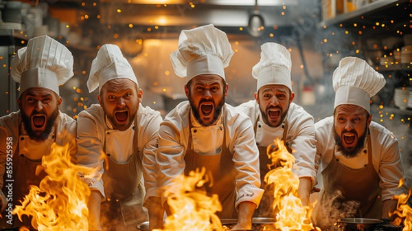 Fototapeta Five chefs in white uniforms and chef hats lean forward, yelling and holding flames in a restaurant kitchen, creating a dramatic culinary scene