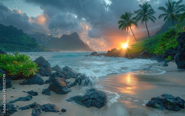 Obraz Tropical island at sunset. Created with Ai