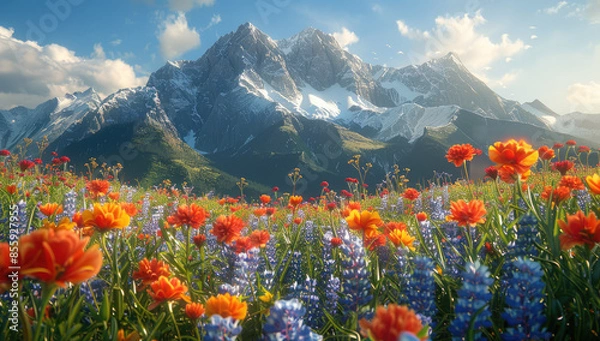 Obraz Orange and Purple flowers on the mountain. Created with Ai