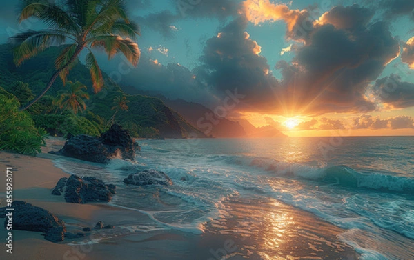 Fototapeta Beach with palm trees and sunset view. Created with Ai